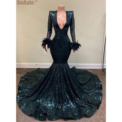 SoAyle Long Prom Dresses 2020 Sexy Deep V-neck Mermaid Sequin Dark Green African Women Prom Dress Sleeves Feathers Dresses