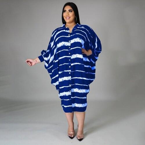 ZJFZML ZZ Women Clothing Dresses Plus Size Striped Print Turn Down Collar Batwing Long Sleeve Dress Dropshipping Wholesale New