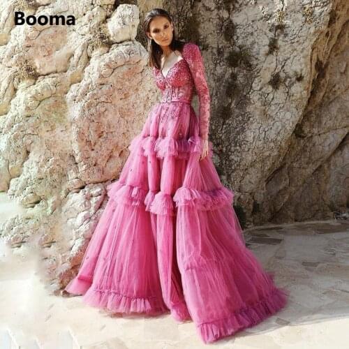 Booma Glitter Major Beading Prom Dresses Queen Ann Long Sleeves Tiered Skirt Evening Dresses Open Back A-Line Formal Party Gowns