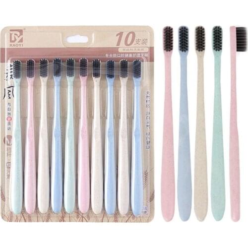 10Pcs Family Pack Small Head Wheat Straw Toothbrush Eco-Friendly Bamboo Charcoal Soft Bristles Toothbrushes for Kids and Adults