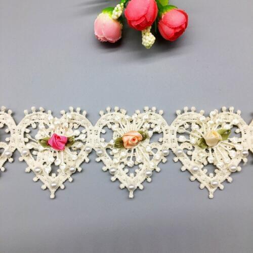 20X Vintage Cotton Heart Pearl Rose Flowers Apricot Lace Trim Ribbon Fabric Embroidered Handmade Sewing Craft DIY Patchwork