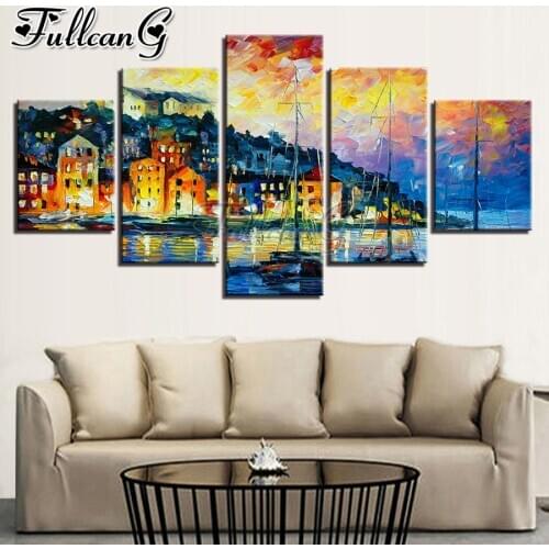 FULLCANG Abstract seaside town port 5 piece diy diamond painting full square round drill mosaic embroidery sale decor FC3075