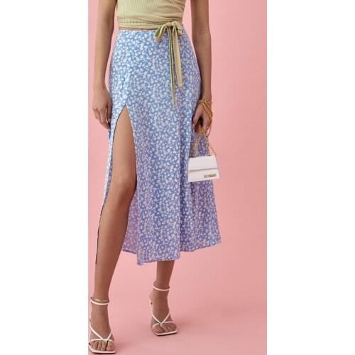 Long Skirts Womens 2021 Midi Elegant Vacation Beach Floral Print Summer Skirt High Waist A Line Side Slit Skirt Women Clothing