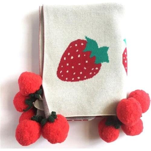 100X120cm girls strawberry 2 layers Winter thick Cotton knitted Baby Blanket with tassels balls kids back seat cover kids quilt