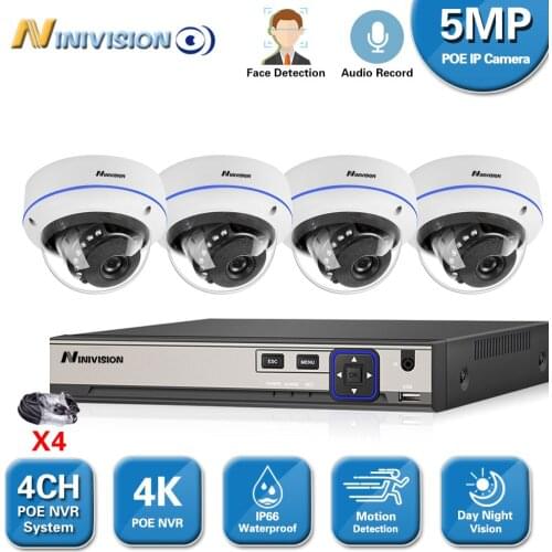 NINIVISION H.265 4CH Super HD 5MP POE Smart Camera kit System Audio AI Face-Recording detection Outdoor Waterproof Video