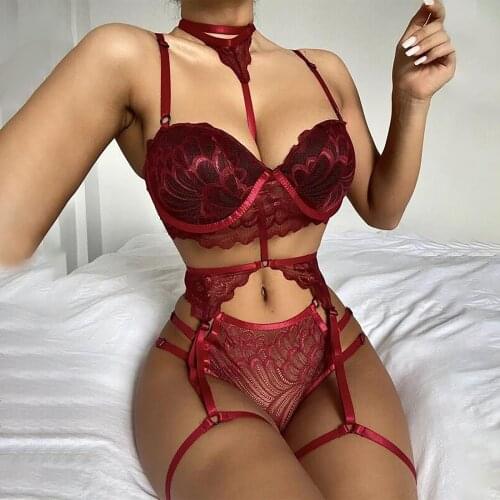 2021 Womens Lingerie Set Sexy Lace Mesh Hollow Out Open Push Up Bra and Panty Two-piece Suit Black Bandage Underwear