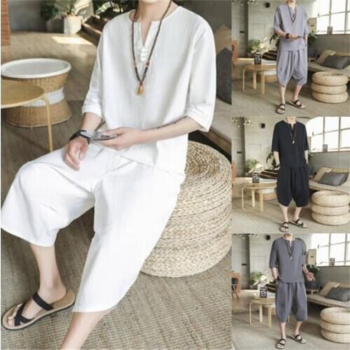 Traditional Chinese Style Summer Men Linen Tang Suit Short Sleeve T-shirt+Pant Clothing Set Oriental Kung Fu Costumes