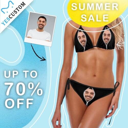 M YesCustom Custom Face Zipper Photo Womens Bikini Bra Set Beach Thong Two Pieces Bandage Low-Waist Triangle Top Swimwear