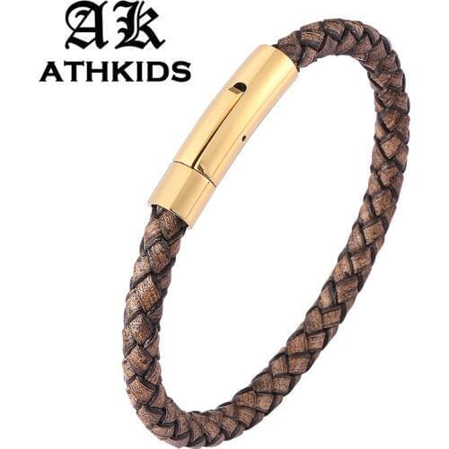 Trendy Antique Brown Leather Braided Bracelet Men Women S.Steel Clasp Leather Simple Bangles Wrist Band Gift PD0462