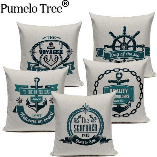 Sea Blue Helm Printed Cushion Cover Anchor Pattern Marine Cottom Throw Pillow Case New Year Decorative Pillowcase