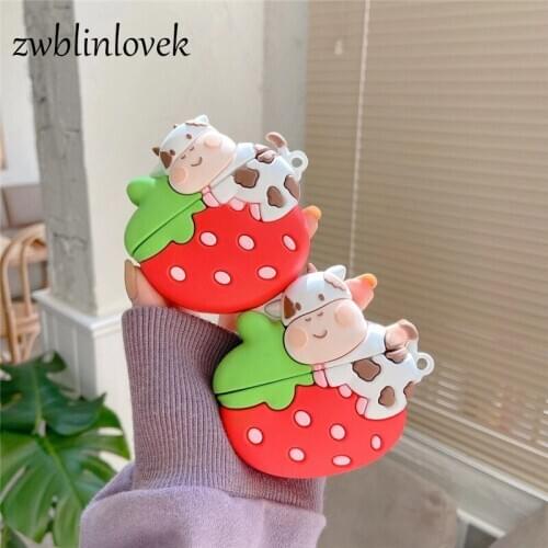 Strawberry cow 3d case for airpods 1 2 pro cartoon box fruit animal soft silicone wireless bluetooth headset protective cover