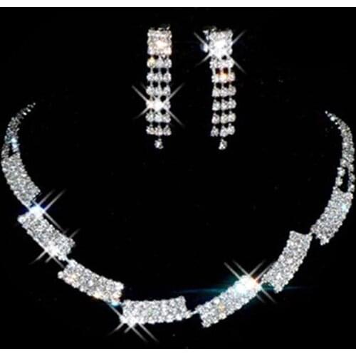 Trendy Female White Crystal Jewelry Set Charm Silver Color Square Dangle Earring For Women Dainty Zircon Wedding Chain Necklace