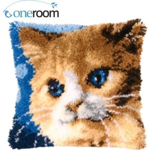 Noneroom Lovely cat Needlework Unfinished Acrylic Yarn Embroidery Pillow Latch hook Canvas Cushion Front Cross Stitch Pillowcase
