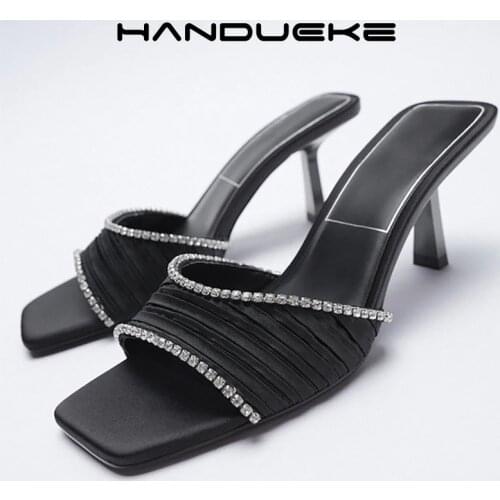 ZA Square Toe Open Toe Chain Rhinestone Black High Heels 2021 Summer New One-Word Back Fold Stiletto High Heel Sandals
