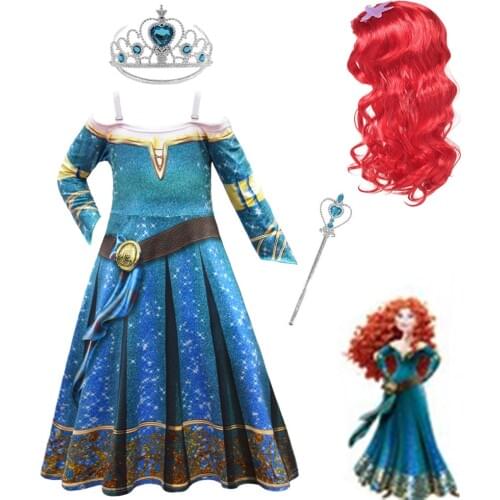 Girls Cosplay Merida Princess Dress Up Costume Brave Deluxe Halloween Fancy Frocks Dark Green Children Party Clothes for 3-12T