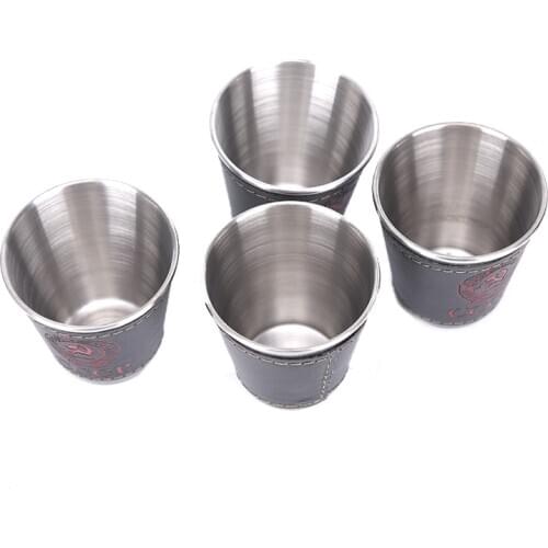 Outdoor Camping Tableware Travel Cups Set Picnic Supplies Stainless Steel Wine Beer Cup Whiskey Mugs PU Leather 70ml 4pcs/lot