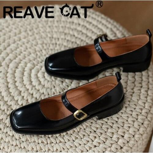 REAVE CAT 2021 Retro Concise Pumps Leather Round Toe Mary Janes Buckle Strap Shallow 3.5cm Chunky Heel Shoes US8 9 Black A4272