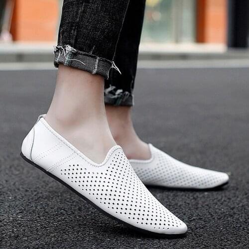 Fashion Summer Genuine Leather Shoes Men Solid Business Hollowed Out Men Breathable Dress Basic Men Shoes Slip-on Round Toe