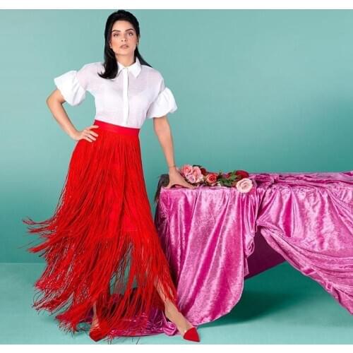 Gorgeous Bright Red Tassel Skirts Women Maxi High Street Straight Long Skirts For Party Elegant Girls Custom Made женские юбки