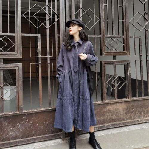 Retro High Waist Corduroy Tie Decorated Long-sleeved Dress Autumn 2020 New Loose Casual Winter Corduroy Dress Vestidos f1930