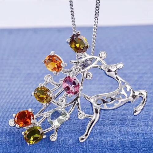 Per jewelry Natural real tourmaline deer style brooch pins Free shipping 925 sterling silver 0.5ct*6pcs gemstone T8100913