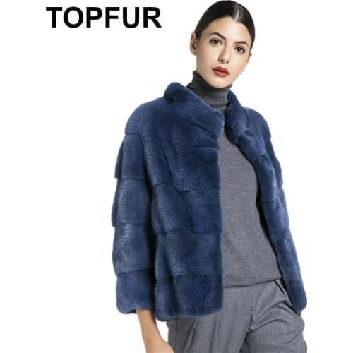 TOPFUR Sapphire Blue Leather Jacket Real Fur Coat Plus Size Winter Coat Women Short Jacket With Collar Nine Quarter Sleeves