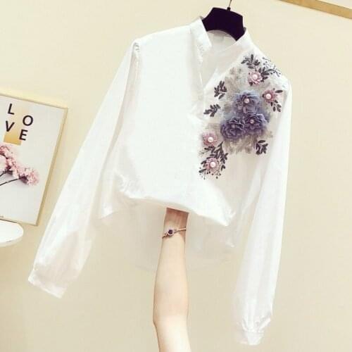 Womens Casual Versatile White Shirt 2021 Spring New Korean Fashion Embroidery Decoration V-Neck Long Sleeve Shirt