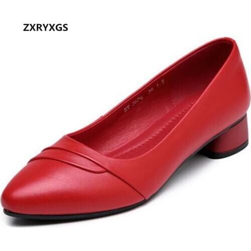 Hot Promotion 2020 New Autumn Pointed Elegant Fashion Shoes Women Genuine Leather Shoes Thick with Low Heel Shoes Woman Shoes