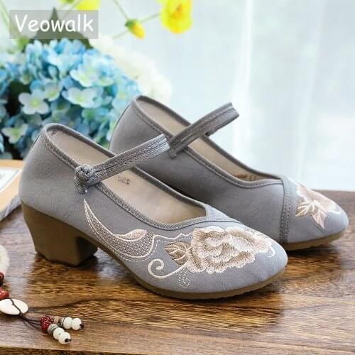 Veowalk 4.5 High Block Heel Women Jacquard Cotton Embroidered Mary Jane Pumps Elegant Ladies Casual Comfortable Chinese Shoes
