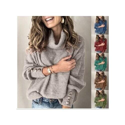 Womens White High Neck Lantern Sleeve Sweater Autumn Winter Fashion New Style Sweater Solid Long Sleeve Pullover Plus Size Lady