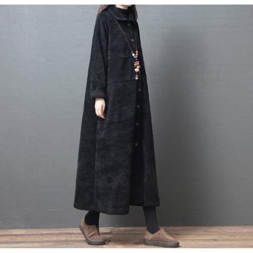 2021 New Autumn Winter Long Trench Coats Women Vintage Corduroy Plus Loose Large Size Long Sleeve Overcoats MH969
