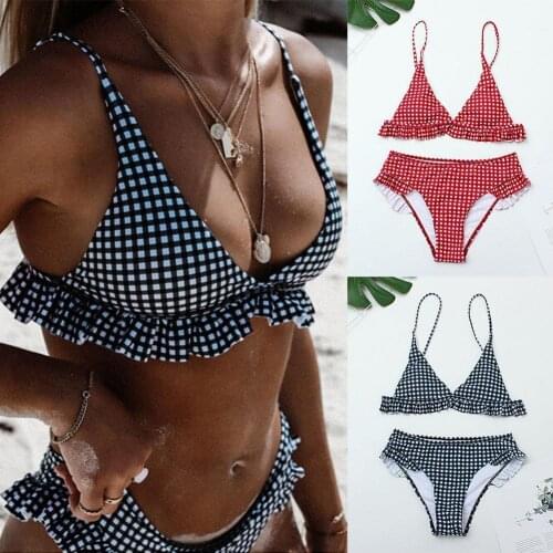 2021 Europe And Asia New Ladies Swimsuit Plaid Sexy Bikini Split Small Fresh Ruffled Ladies Triangle Swimwear