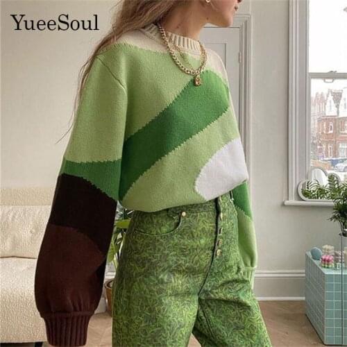 Y2K Vintage Oversized Sweater Knitted Wave Pattern Long Sleeve Women Pullovers 2021 New Winter Loose Casual Cute Jumper Female