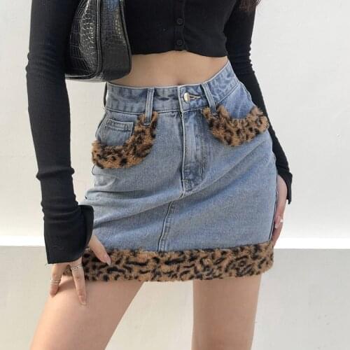 2020 European and American little sexy leopard print fluffy selvedge denim skirt female high waist thin skirt DQ1152