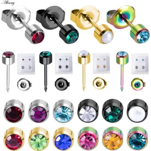 Alisouy 2pcs Steel Ear Piercing Birthstone Gem Ear Stud Earrings Gold/Black/Silver color Studs Tragus Cartilage Body Jewelry