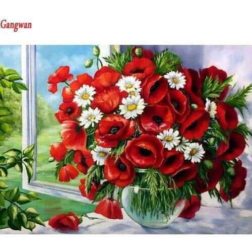 Needlework Diy Diamond Painting Poppy Flower Cross Stitch Embroidery Square round Full Rhinestone Mosaic vase home decoration