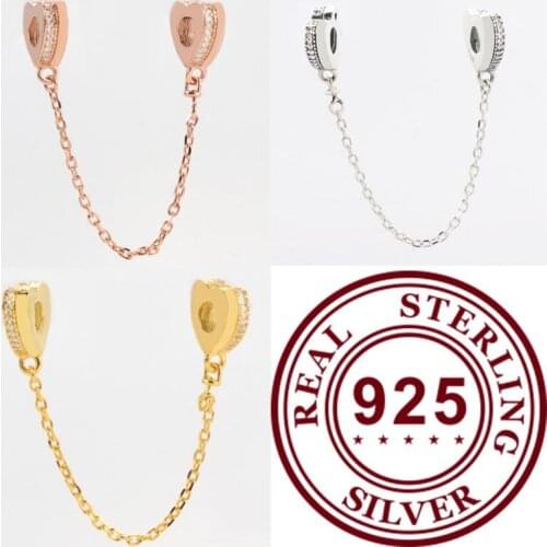 Authentic 925 Sterling Silver Charm Clip New Heart-shaped Love Arc Safety Chain Fit Pandora Women Bracelet&necklace Diy Jewelry