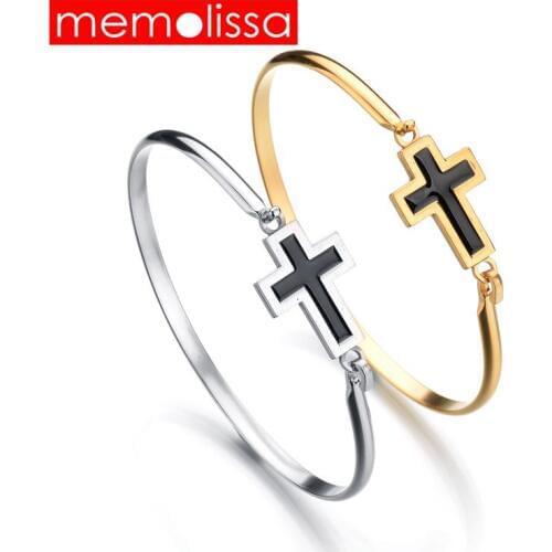 MeMolissa Boy And Girl Silver Gold Stainless Steel Bracelet Bangle Black Enamel Cross Bangles Bracelets For Women Men Jewelry