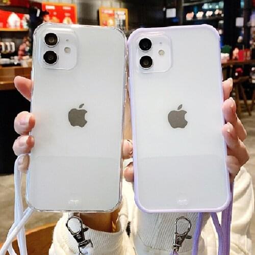 Necklace Lanyard Cord Phone Case For iPhone 12 11 Pro Max X XR XS 12 Mini Frosted Transparent Acrylic Cover On 7 8 Plus SE 2020