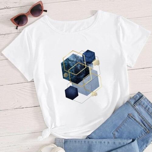 Blue Hexagon Printing Women T Shirt Round Neck Popular Versatile 90s Clothing Personalized Style Unisex Clothes Tshirt Feminin