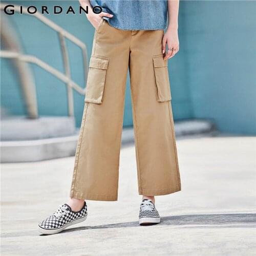 Giordano Women Pants Big Flap Pockets Cargo Wide Leg Pants High Rise Loose Cottion Causal Pantalones Mujer 05420343