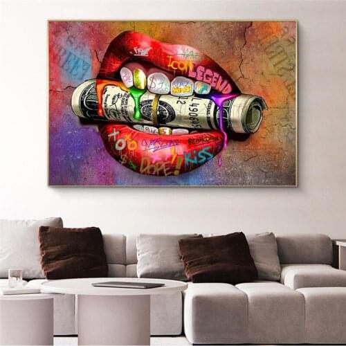 Graffiti Decorative Painting Sexy Lips Bite Money Painting Living Room Wall Art Canvas Printing Abstract Modern Home Decoration
