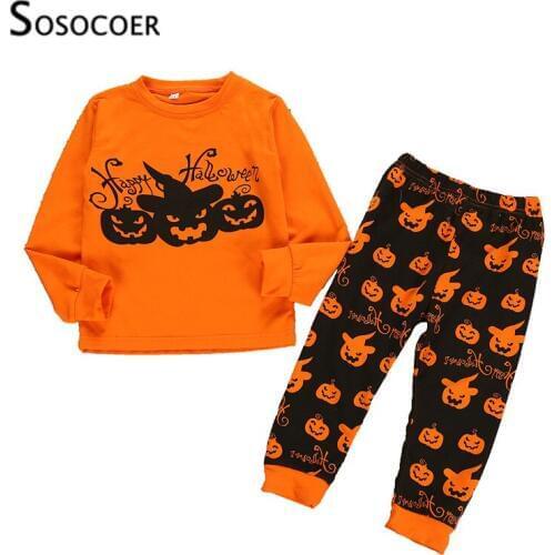 SOSOCOER Girl Clothes Set Halloween Pumpkin Orange T Shirts+Monster Black Pants 2pcs Outfits Cartoon Kids Boy Clothing Sets
