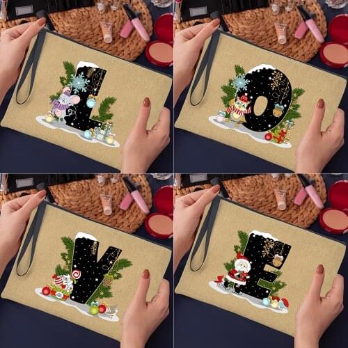 Santa Claus Print Cosmetic Bag English Alphabet A-Z Women Portable Travel Wash Bag Makeup Storage Pouch Large Capacity Organizer