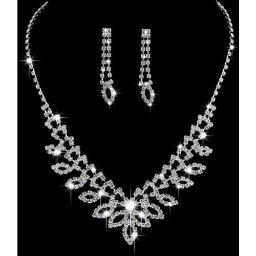 Trendy Female Crystal Flower Jewelry Set Charm Silver Color Dangle Earring For Women Cute White Zircon Wedding Chain Necklace