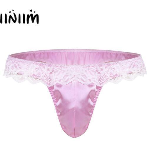 Iiniim Mens Lingerie High Cut Bulge Pouch Gay Panties Low Rise Ruffle Lace Shiny Bikini Briefs Slip Hommes Underwear Underpants