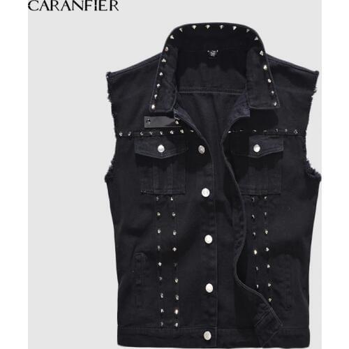 CARANFIER 5XL Denim Vest Mens Punk Rock Style Rivet Cowboy Black Jeans Waistcoat Male Motorcycle Jacket Sleeveless Jean Coat