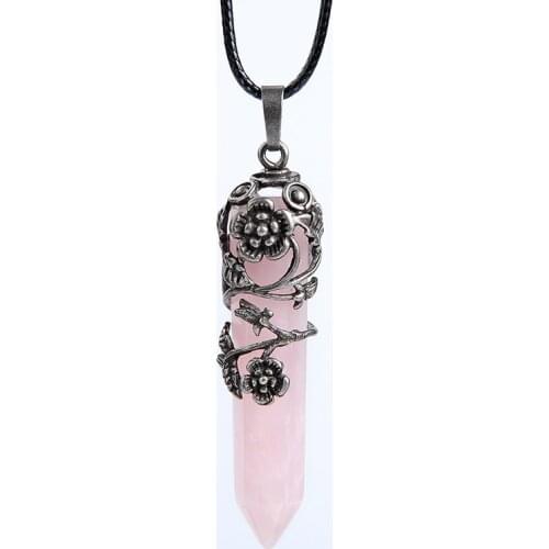 Newest Summer Antique Silver Color Flower Wire Wrapped Hexagon Prism Point Stone Healing Reiki Pendant Necklace for Women Ladies