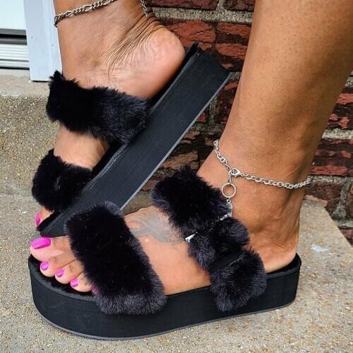 New Women Slippers Plush Fur Warm Outdoor Slippers Open Toe Wedge Shoes Platform Slides Fashion Comfort Soft Slippers Sandals 43