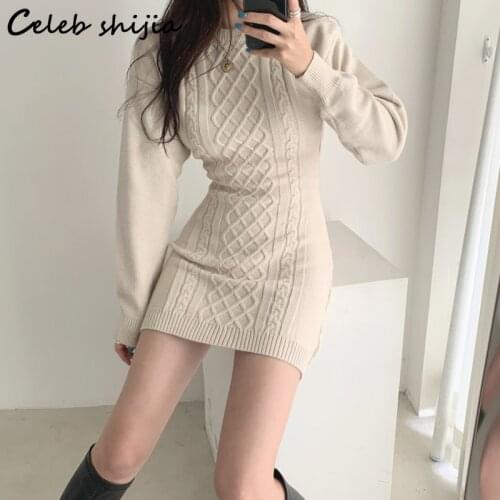 Apricot Sexy Woman Knit Dress O-neck Autumn Winter Thicken Vestido De Mujer Twist Sweater Dresses Korean Mini Clothing Fall 2021